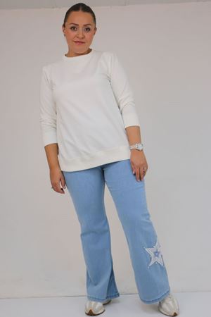 59033 Büyük Beden İspanyol Paça Aksesuar Detaylı Kot Pantolon - Buz Mavi