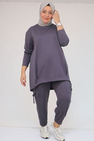 57045 Büyük Beden Önü Bağlama İp Detaylı Modal Pantolonlu Takım - Antrasit