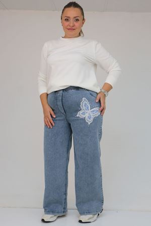 59035 Büyük Beden Kelebek Taş Detaylı Bol Paça Kot Pantolon - Kar Yıkama Mavi
