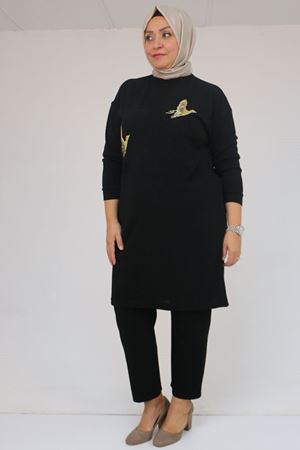 58143 Büyük Beden Düşük Kollu Aksesuar Detaylı Mir Tunik - Siyah