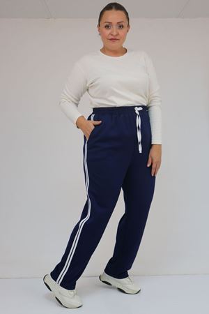 59505 Büyük Beden Yüksekbel Yanları Şeritli Modal Eşofman Altı - İndigo