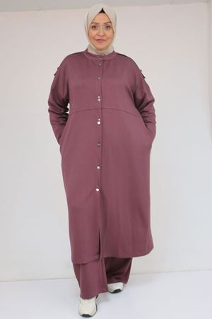 57035 Büyük Beden Omzu Apoletli Çıtçıt Detaylı Modal Takım - Gül Kurusu