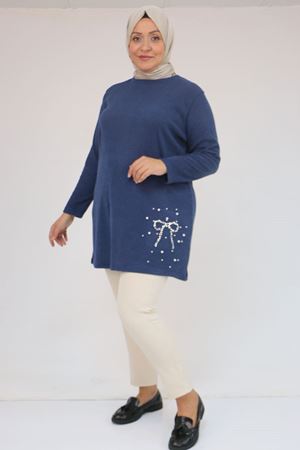 58111 Büyük Beden Önü Taş Detaylı Mir Tunik - İndigo