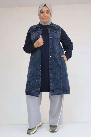 54007 Büyük Beden Çift Cepli İnci Çakmalı Kot Yelek - Kar Yıkama Lacivert