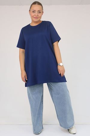 58508  Büyük Beden Yakası Biyeli Modal Tişört - İndigo