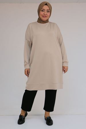 58151 Büyük Beden Kol Ve Etek Ucu Kendinden Ribanalı Modal Tunik - Vizon