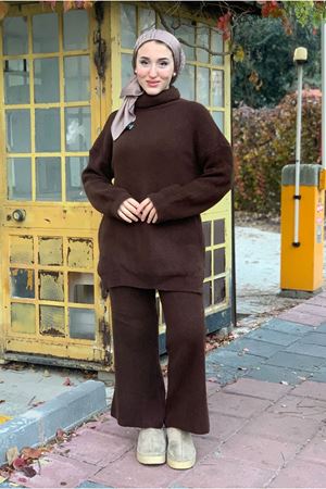 26K2215 - KAHVE - KALIN ÖRME TRİKO TAKIM