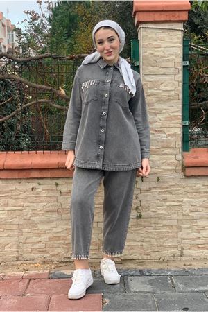 26K2258 - ANTRASİT -  DENİM DAMLA BONCUKLU TAKIM