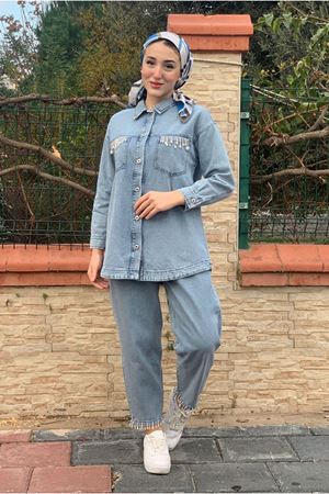 26K2258 - AÇIK MAVİ-  DENİM DAMLA BONCUKLU TAKIM