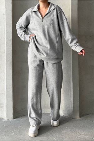 26K2217 - GRİ MELANJ - FERMUARLI ÜÇİPLİK ŞARDONLU TAKIM