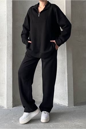 26K2217 - SİYAH  - FERMUARLI ÜÇİPLİK ŞARDONLU TAKIM