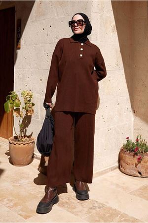 26K3268 - KAHVE - GÖMLEK YAKA TRİKO TAKIM