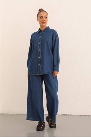 26K3234 - KOYU MAVİ - KOT CEKET GÖMLEKLİ İKİLİ TAKIM