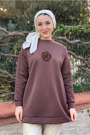 26K4445 - KAHVE - ÇİÇEK TAŞ İŞLEMELİ SCUBA SWEAT