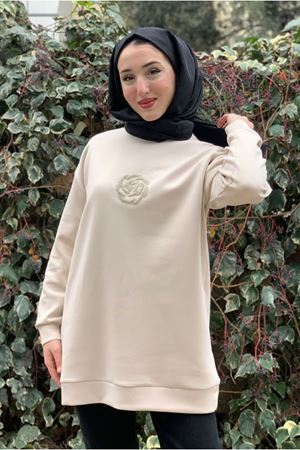 26K4445 - BEJ - ÇİÇEK TAŞ İŞLEMELİ SCUBA SWEAT