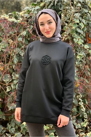 26K4445 - SİYAH - ÇİÇEK TAŞ İŞLEMELİ SCUBA SWEAT