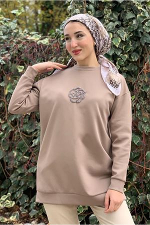 26K4445 - VİZON - ÇİÇEK TAŞ İŞLEMELİ SCUBA SWEAT 