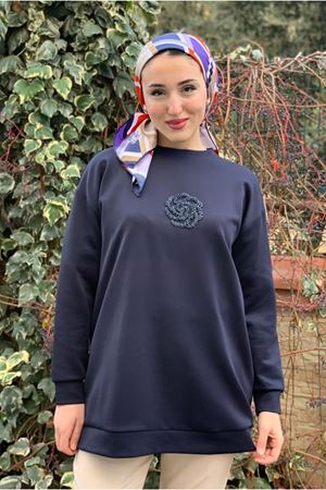 26K4445 - LACİVERT - ÇİÇEK TAŞ İŞLEMELİ SCUBA SWEAT