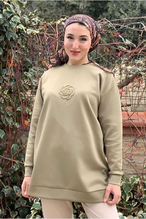 26K4445 - YEŞİL - ÇİÇEK TAŞ İŞLEMELİ SCUBA SWEAT