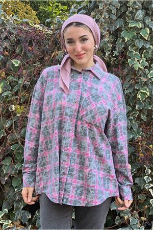 26K4461 - PEMBE - TRİKO DETAYLI EKOSE GÖMLEK