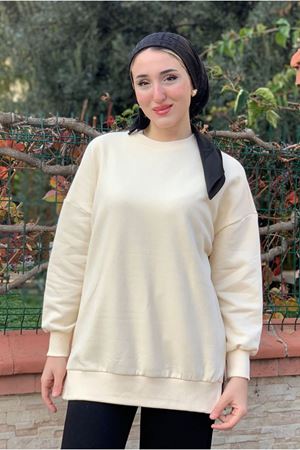 26K4437 - BEJ - ÜÇ İPLİK ŞARDONLU BASIC SWEAT