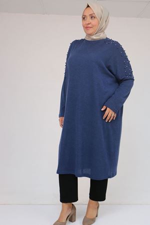58152 Büyük Beden Düşükkol Omzu Taş Detaylı Mir Tunik - İndigo