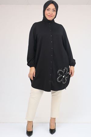 58127 Büyük Beden Hakim Yaka Aksesuar Detaylı Modal Tunik - Siyah