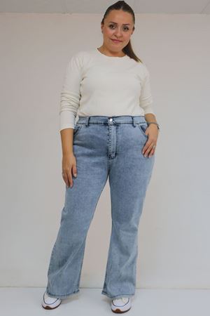 9203-1 Büyük Beden Kemerli Paçası Taş Detaylı Kot Pantolon -Kar Yıkama Mavi