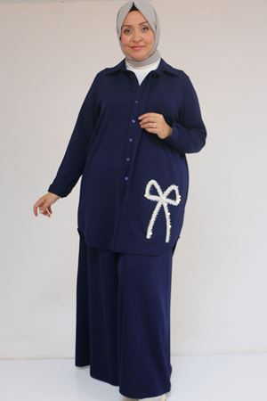 57055 Büyük Beden Gömleği Düğmeli Pantolonlu Modal Takım - İndigo