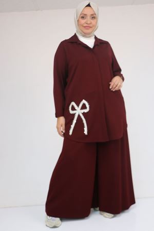 57055 Büyük Beden Gömleği Düğmeli Pantolonlu Modal Takım - Bordo