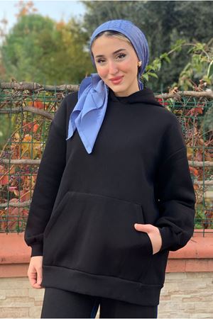 26K4433 - SİYAH - KANGURU CEP ÜÇİPLİK SWEAT