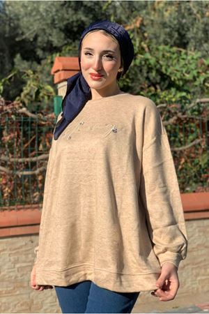 26K4424 - CAMEL - NAKIŞLI VE TAŞ DETAYLI TUNİK 