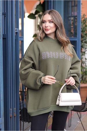 26K4436 - YEŞİL - TAŞ YAZI BASKILI ŞARDONLU SWEAT  