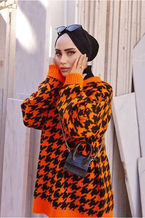 26K4088 - TURUNCU - KAZAYAĞI DESENLİ TRİKO TUNİK