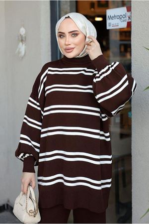 26K4116 - KAHVE - ÇİZGİLİ BALIKÇIYAKA TRİKO KAZAK