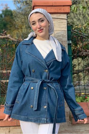 26K5341 -  KOYU MAVİ - KEMERLİ KOT BLAZER CEKET