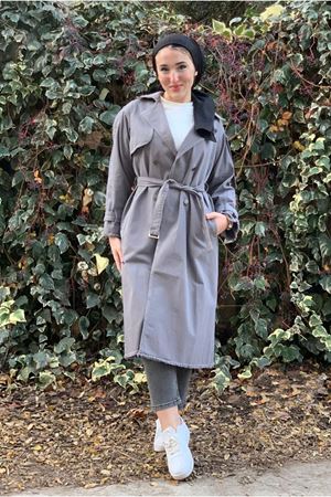 26K5326 - GRİ  - GABARDİN UZUN TRENCH  KOT