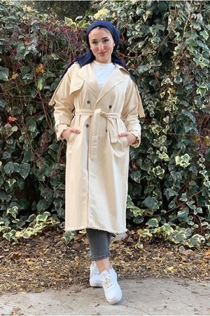 26K5326 - KREM - GABARDİN UZUN TRENCH  KOT
