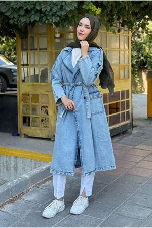 26K5388 - AÇIK MAVİ - ŞAL YAKA DENİM TRENCH KOT