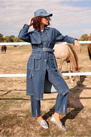 26K5371 - KOYU MAVİ - BELİ BAĞCIKLI DENİM TRENCH KOT 