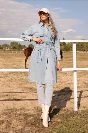 26K5371 - MAVİ - BELİ BAĞCIKLI DENİM TRENCH KOT 