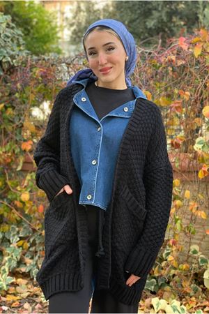 26K5322 - SİYAH - KOT DETAY TRİKO CEKET 