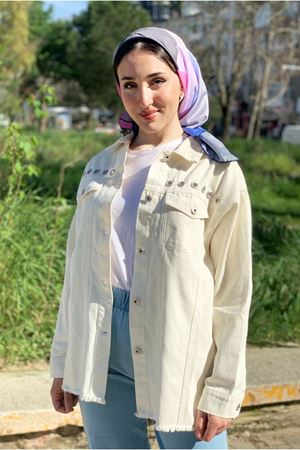 26K5273 - EKRU  -  KUŞGÖZÜ DETAYLI KOT CEKET 