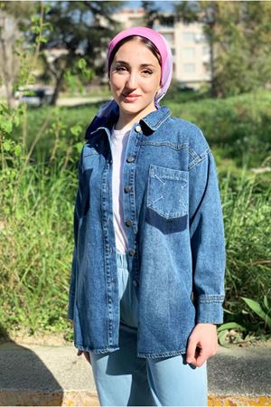 26K5274 - KOYU MAVİ - CEP NAKIŞLI KOT CEKET