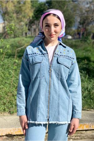 26K5271 - AÇIK MAVİ - NAKIŞLI FERMUARLI KOT CEKET