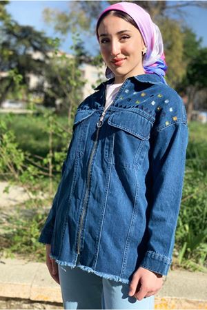 26K5271 - KOYU MAVİ - NAKIŞLI FERMUARLI KOT CEKET