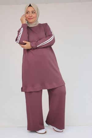 57060 Büyük Beden Omzu Şeritli Modal Pantolonlu Takım - Gül Kurusu