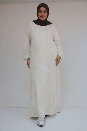 52030 Büyük Beden Kolu Lastikli Modal Elbise - Batik Ekru