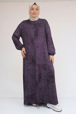 52030 Büyük Beden Kolu Lastikli Modal Elbise - Batik Mürdüm