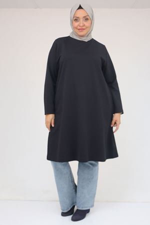 58154 Büyük Beden Yakası Biyeli İki İplik Tunik - Lacivert
